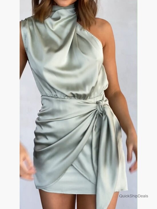 Satin Sleeveless Mock Neck Tie Waist Cocktail Party Dress - Picture 7 of 7